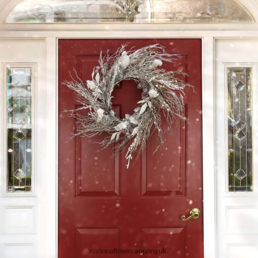 Greenery | National Tree Company 24\ Christmas Alpine Trimmed Snow Lump Wreath 150 Pure White LED Rice Lights- Battery Operated with Remote Control F2L4F278